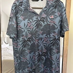 Travis Mathew Blue and Black Leaf Print Polo